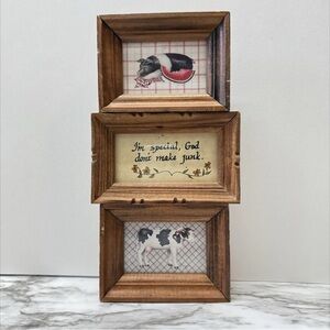 Vtg 80s Jan Jameson Set Of 3 Mini Wooden Frames, Pig/Cow Farm House Calligraphy